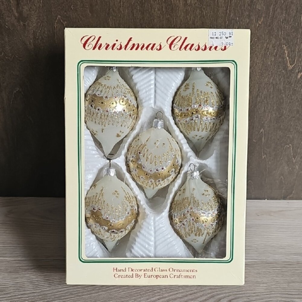 Vintage 70s Christmas Classics Set Of 5 Glass Teardrop Ornaments